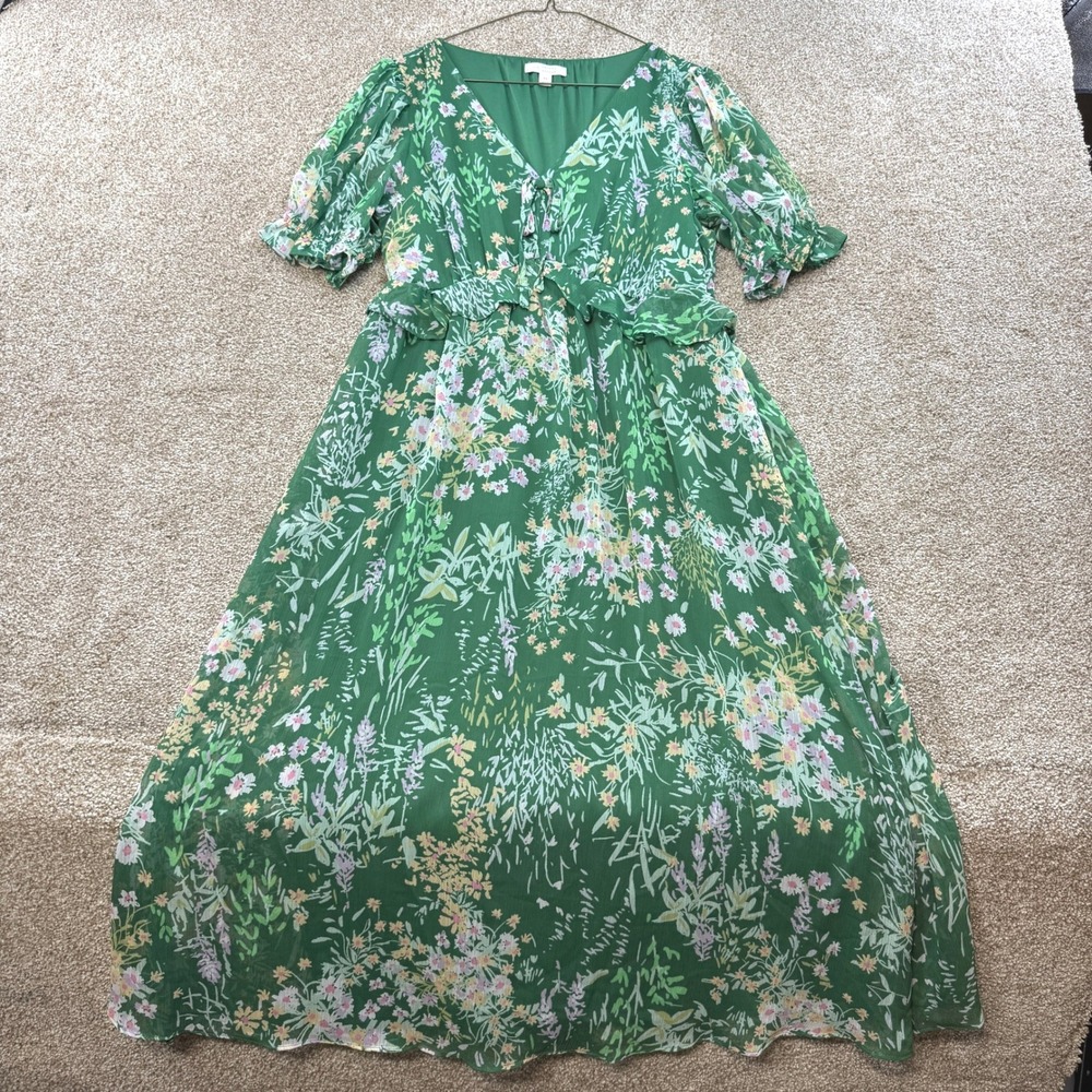 LC Lauren Conrad Green Floral Maxi Dress V-Neck Flutter Medium Chiffon Wedding